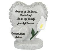 PMS 15cm Special Mum & Dad Grey Double Heart Memorial Stone, Sentimental Message, Grey Polyresin Memorial Ornament, Indoor Outdoor Remembrance Gravestone Decoration