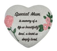 PMS Special Mum Memorial Heart Ornament - Polyresin Graveside Memorial Stone with Pink Roses & Diamantes - Sympathy Tribute Keepsake for Cemetery & Garden - 16 x 14 cm