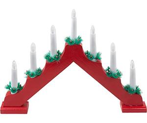 PMS VFM - Red Wooden Candle Bridge 7 Led Battery Powered Traditional Christmas Decoration Light for Window Sill Or Mantlepiece with Festive Foliage Trimming
