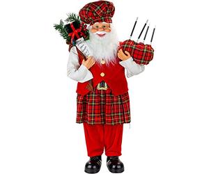 PMS VFM - Scottish 90cm Father Christmas Traditional Figure Xmas Decoration - Luxury Realistic Standing Santa Claus Ornament With Nordic Festive Red Tartan Suit