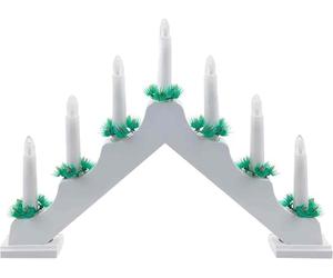 PMS VFM - White Wooden Candle Bridge 7 Led Battery Powered Traditional Christmas Decoration Light for Window Sill Or Mantlepiece with Festive Foliage Trimming
