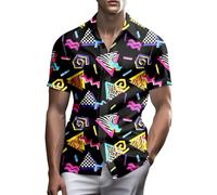 PmseK Men's 80s 90s Shirts, Funny Vintage Hawaiian Button-Down Shirt, Multicolour Memphis Pattern, V-Neck Short Sleeve, Relaxed Fit, Large
