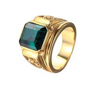 PMTIER Mens Stainless Steel Dragon Pattern Simple Square Gemstone Rings Band Gold, Green Size P 1/2