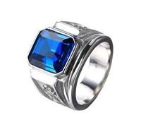 PMTIER Mens Stainless Steel Dragon Pattern Simple Square Gemstone Rings Band Silver, Blue Size P 1/2