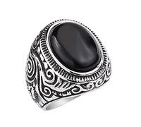 PMTIER Men's Stainless Steel Vintage Carved Pattern Gemtone Ring Black Size W