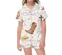 PMUYBHF Toddler Sleepers 18 Months Womens Pajama Sets Button Down Short Sleeve Lapel Shirt with Pocket Matching Shorts Two Piece Loungewear Set Robes for College Girls (Beige, 10-11 Years)