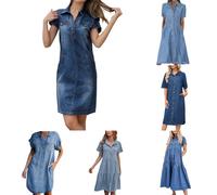 PMUYBHF Women's Denim Shirt Dress UK - Lightweight Stretch Maxi with Button Front & A-Line | Summer Casual Dress for Pub Gardens and Weekend Outings