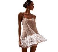 PMVRTHQV Tank Dress for Women Sparkly Dress Mesh Fringe Sleeveless Backless Mini Party Club Dresses Streetwear(S) White