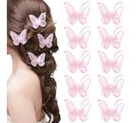 Pndeyo 10pcs Butterfly Hair Clips for Women, Non-Slip Embroidery Butterfly Hair Pins, Double-Layer Lace Butterflies Hair Barrettes Accessories for Long Short Curly Wavy Straight Hair- Pink