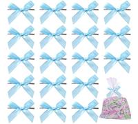 Pndeyo 20pcs Twist Tie Bows, Satin Ribbon Premade Bows, Gift Wrapping Bowknot for Christmas Wedding Baby Shower Brithday Party Treat Bags Present Bags Bakery Candy Bags Decorations- Light Blue
