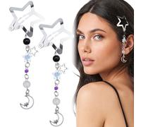 Pndeyo 2pcs Star Tassels Hair Clips for Women Girls, Non-Slip 2000s y2k Hair Snap Barrettes, Cute Moon Beaded Pendant Hair Pin Accessories for Braid Long Short Thin Thick Hair- Silver