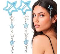 Pndeyo 2pcs Star Tassels Hair Clips for Women, Non-Slip 2000s Y2K Hair Snap Barrettes, Cute Star Beaded Pendant Hair Pin Accessories for Braid Long Short Thin Thick Hair- Blue