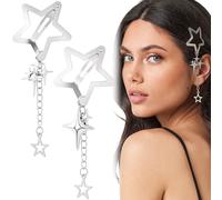 Pndeyo 2pcs Star Tassels Hair Clips for Women, Non-Slip 2000s Y2k Snap Barrettes, Cute Star Beaded Pendant Pin Accessories for Braid Long Short Thin Thick Hair- Silver