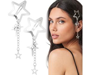 Pndeyo 2pcs Star Tassels Hair Clips for Women, Non-Slip 2000s Y2k Snap Barrettes, Cute Star Beaded Pendant Pin Accessories for Braid Long Short Thin Thick Hair- Silver