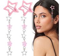 Pndeyo 2pcs Star Tassels Hair Clips for Women, Non-Slip 2000s Y2k Snap Hair Barrettes, Cute Star Beaded Pendant Hair Pin Accessories for Braid Long Short Thin Thick Hair- Pink