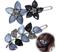 Pndeyo 2pcs Vintage Crystal Hair Pins for Women, Sparkly Rhinestone Flower Leaf Hair Barrettes, Wedding Decorative Hair Accessories for Long Short Thick Thin Curly Wavy Straight Hair- Gray Black