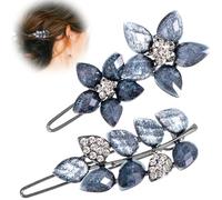 Pndeyo 2pcs Vintage Ink-Blue Hair Clips for Women, Bling Crystal Flower Leaf Hair Barrettes, Sparkly Rhinestone Wedding Hair Accessories for Long Short Thick Thin Curly Wavy Straight Hair