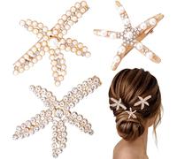 Pndeyo 3pcs Starfish Hair Clips for Women, Sparkly Rhinestone Pearls Hair Barrettes, Beach Sea Star Crystal Bride Wedding Hair Accessories for Long Wavy Curly Straight Hair- Gold