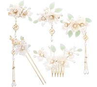 Pndeyo 5pcs Camellia Flower Tassels Hair Pins, Classic Chinese Bridal Hair Sticks, Pearl Bun Updo Hair Accessories for Thin Thick Long Short Curly Straight Hair- White