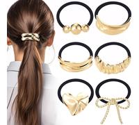 Pndeyo 6pcs Metal Hair Ties for Women, Non-Slip Elastic Hair Cuff Ponytail Holder, French Bracelet Hair Band Accessories for Long Short Curly Wavy Thick Hair- Gold