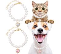 Pndeyo Cat Dog Pearl Necklace Collar 2pcs, Small Cat Collar Pear Dog Necklaces Cute Fancy Jewelry Accessories with Heart Shape Rhinestone White Pink Wedding Birthday Party for Puppy Pets Small Dogs