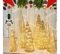 Pnedeodm BFF Collection Set of 5 Illuminated Mercury Glass Trees, Small Illuminated Mercury Glass Christmas Trees with LED Light, Christmas Decorations for Xmas Family Gathering Party (10pcsyellow)