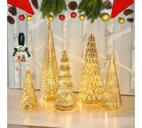 Pnedeodm BFF Collection Set of 5 Illuminated Mercury Glass Trees, Small Illuminated Mercury Glass Christmas Trees with LED Light, Christmas Decorations for Xmas Family Gathering Party (5Pcsyellow)