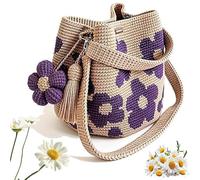 Pnedeodm Handmade Crochet Flower Tote Bag, Boho Woven Crossbody Shoulder Purse with Tassel for Women Summer Beach Vacation