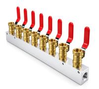 Pneumatic Manifold Block, 1/2in BSP Female, 1 In 8 Out, Brass Valves | Solid aluminium distribution block with brass ball valves, polished and anodised surface, designed for pneumatic air routing.