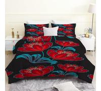 PNHCL Coverless Duvet Single Red Flowers - 7.5 Tog Lightweight Warm Comforter with 2 Pillowcases, Modern Style Quilt, Washable Microfiber MD&95