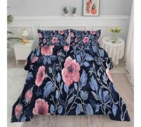 PNHCL Double Duvet Blue Leaves Reversible Coverless Duvet Bedding, All Year Round Comforter - Soft Duvet Quilt Double & 2 Pillowcases, Machine Washable, Red Floral Pattern