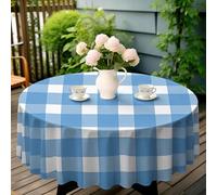 PNH ingham Round Waterproof Table Cloth 180cm, Blue White Checkered Washable Polyester Dining Table Cover, Durable Circular Tablecloth for Party Picnic Wedding Use W-2