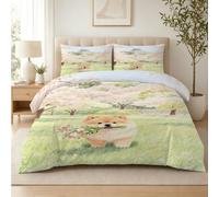 PNHCL Japanese Style Kingsize Duvet Cover Sets Pomeranian Luxury Bedding Set Cherry Blossom Soft Fluffy Microfiber Quilt Covers With 2 Pillowcases 50x75cm Zipper Closure AW128