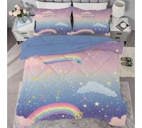PNHCL Rainbow Single Duvet, Girl Boy Coverless Duvet Single, Reversible Space Quilt for All Seasons, Soft Washable Comforter for Kids Bedroom Decor, Pink