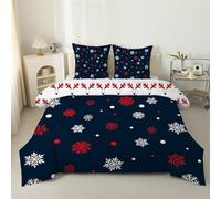 PNHCL Single Duvet Christmas Single Quilt 7.5 Tog Red Snowflakes Reversible Coverless Duvet Soft Comforter Set With 2 Pillowcases - Lightweight and Machine Washable, 135x200 cm - Navy 11