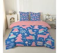 PNHCL Single Duvet Christmas Tree Single Quilt 7.5 Tog Reindeer Reversible Coverless Duvet Soft Comforter Set With 2 Pillowcases - Lightweight and Machine Washable, 135x200 cm - Blue-83