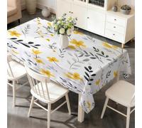 PNHCL Yellow Flower Waterproof Table Cloth Rectangle 140x260cm, Gray Branch Washable Polyester Table Cover, Wipe Clean Dining Tablecloth for Kitchen Restaurant Party E&66