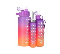 PNJB 3 Pcs Drinking Bottle with Convenient Straw Set, Leakproof and Portable 2L, 700ML, 300ML, Equipped with Time Markings and Motivational Quotes, (Purple)