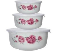 PNJB 3-Piece Opal Salad Bowl Set, PE Lids, Floral Design, Durable and Lightweight, Opal Glass Kitchen Bowls for Salad, Fruits, Snacks & Food Storage
