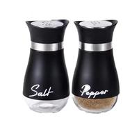 PNJB Modern Salt and Pepper Shaker Set with Stand, Elegant Minimalist Design, Stylish Tabletop, Glass Seasoning Dispensers, Stainless Steel Lids and Holder for Kitchen & Dining Table, (Black)