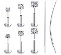Pnsgisr F136 Titanium Threadless Nose Rings Piercing Jewelry 20/18g Flat Back Earring Surgical Steel Push In Long Post Cartilage Tragus Stud Earrings for Women, 20g=0.8mm, Metal, cubic zirconia