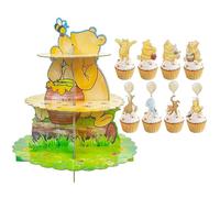 PNTKION Classic Winnie Cupcake Stand, Cute Bear Cupcake Holder 3 Tier with 48pcs Cupcake Toppers, Dessert Pooh Cupcake Party Supplies for Baby Shower Decorations