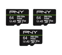 PNY 3-Pack 64GB PRO Elite Prime Class 10 U3 V30 A2 microSDXC Flash Memory Card + SD adapter - up to 200MB/s, Class 10, U3, V30, A2, 4K UHD, Full HD, UHS-I