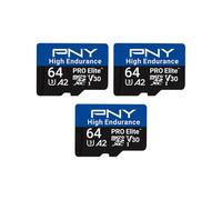 PNY 3x64GB PRO Elite™ High Endurance C10 U3 V30 A2 microSDXC Flash Memory Card - Up to 100MB/s Read, 4K UHD, Full HD, UHS-I, Surveillance, Home Security, Continuous Recording, Dash Cam