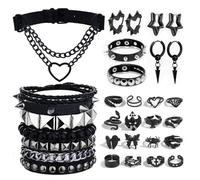 PNYFIL 26 Pcs Gothic Punk Jewelry Set for Women & Men - Y2K Emo Goth Grunge Accessories Kit with Leather Studded Bracelets, Heart Chain Chokers, Black Earrings & Vintage Rings | Rock Outfit Gift