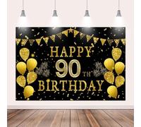 Pnylzzyxh 10x8ft Happy 90th Birthday Party Photography Backdrop, Glitter Black and Gold Balloons Background for Woman Man Fabulous 90 Bday Shining Diamond Ninety Years Old Birthday Party Supplies