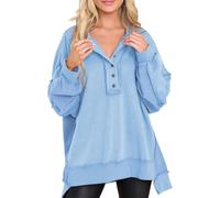 PNZLZIA Exposed Seam Tops V Neck Button Up Long Sleeve Sweatshirts,Round Neck Solid Color Button Loose Sweatshirt (XX-Large,Light Blue)
