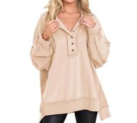 PNZLZIA Exposed Seam Tops V Neck Button Up Long Sleeve Sweatshirts,Round Neck Solid Color Button Loose Sweatshirt (XX-Large,Apricot)