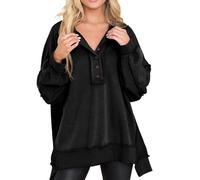 PNZLZIA Exposed Seam Tops V Neck Button Up Long Sleeve Sweatshirts,Round Neck Solid Color Button Loose Sweatshirt (XX-Large,Black)