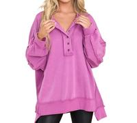 PNZLZIA Exposed Seam Tops V Neck Button Up Long Sleeve Sweatshirts,Round Neck Solid Color Button Loose Sweatshirt (XX-Large,Pink)
